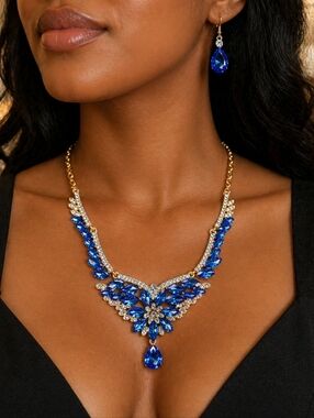 Royal Blue Statement Necklace Set | Crystal Teardrop | Elegant Glam Set
